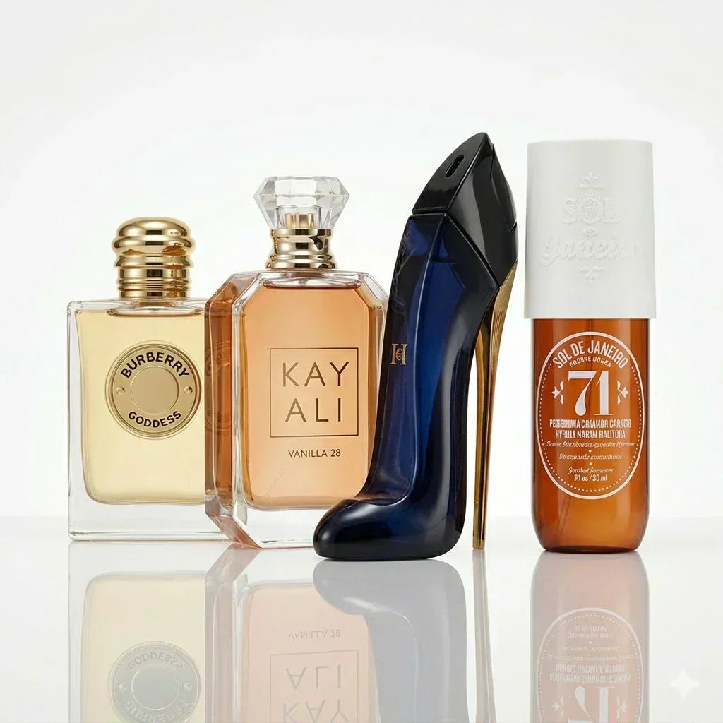4 db-os parfümszett | Burberry Goddess, Kayali Vanilla 28, CH Good Girl, Sol de Janeiro '71.