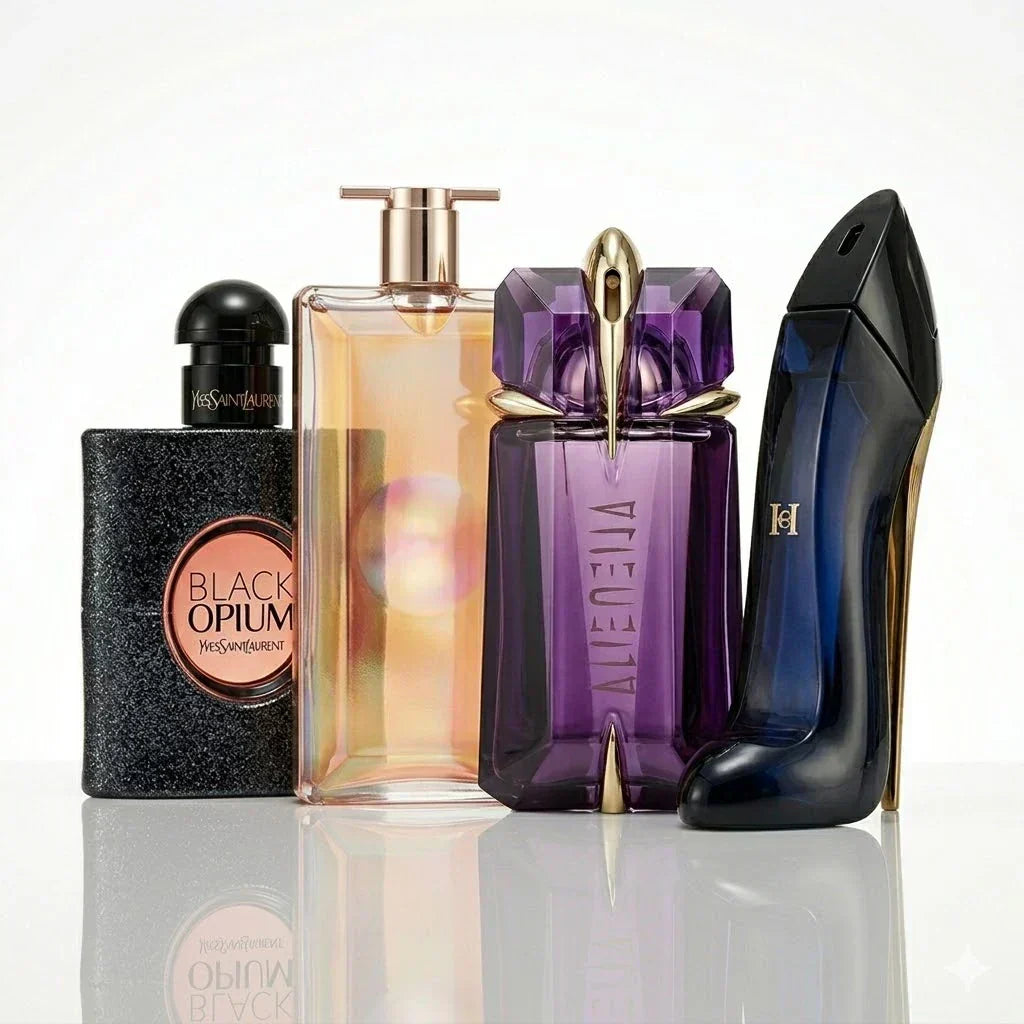 4 db-os parfümszett | YSL Black Opium, Lancôme Idôle, Mugler Alien, Carolina Herrera Good Girl.