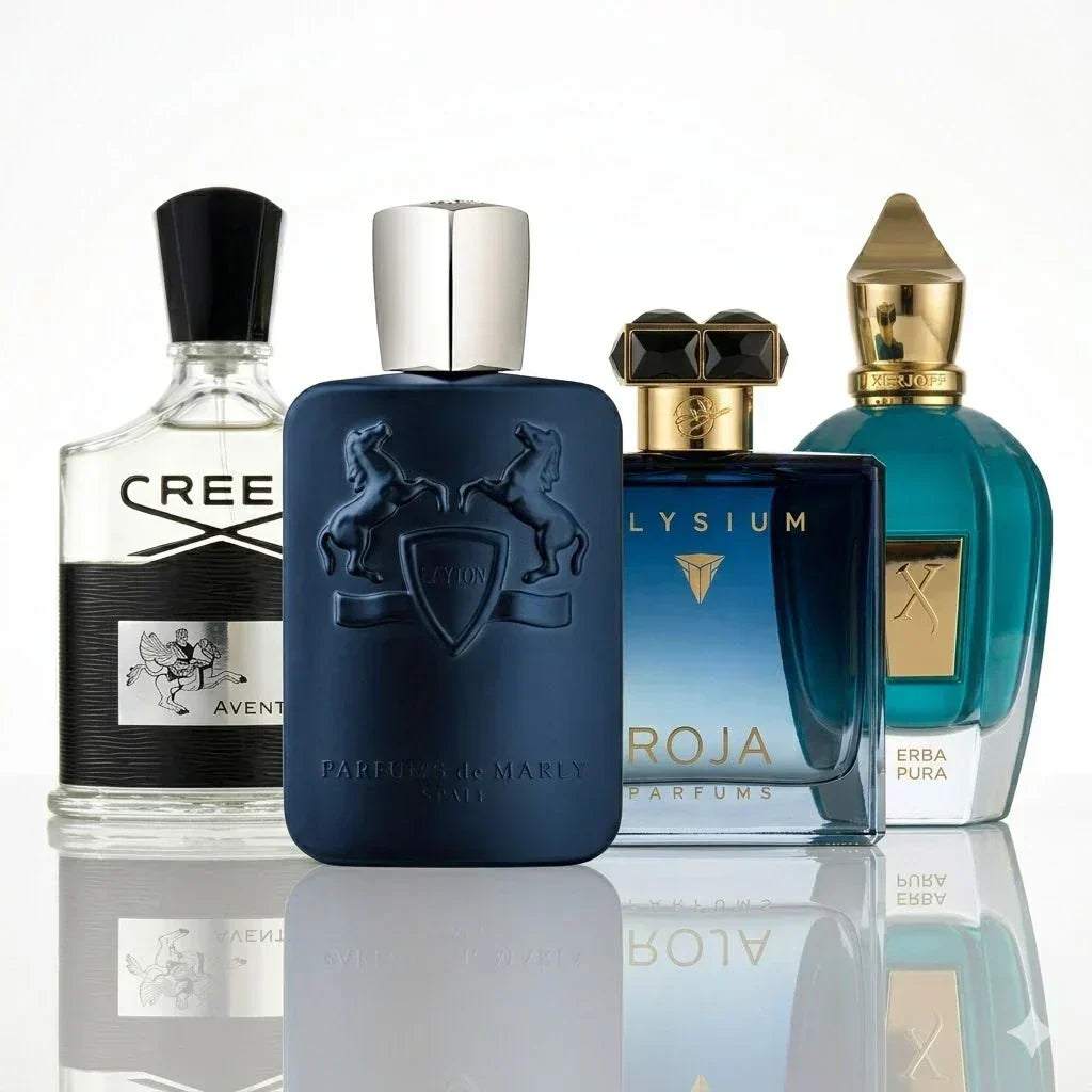 4 db-os parfümszett | Creed Aventus, Parfums de Marly Layton, Roja Elysium, Xerjoff Erba Pura.