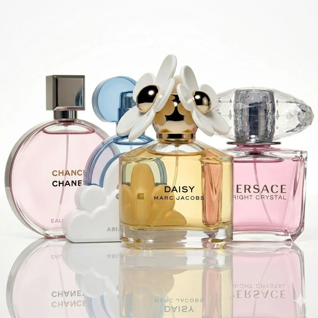 4 db-os parfümszett | Chanel Chance Eau Tendre, Ariana Grande Cloud, Marc Jacobs Daisy, Versace Bright Crystal.